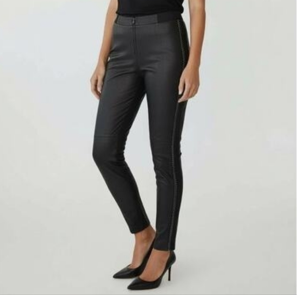 Alice + Olivia Black Lambskin Leather Leggings With Chain Side Trim